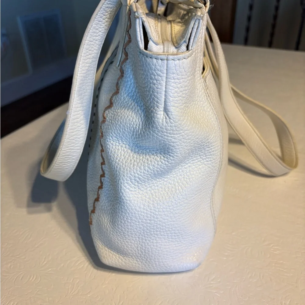 Brighton OffWhite Shoulder Bag w/ Gold, Bronze, Blk and Brn Decorative Stitching - Picture 2 of 6